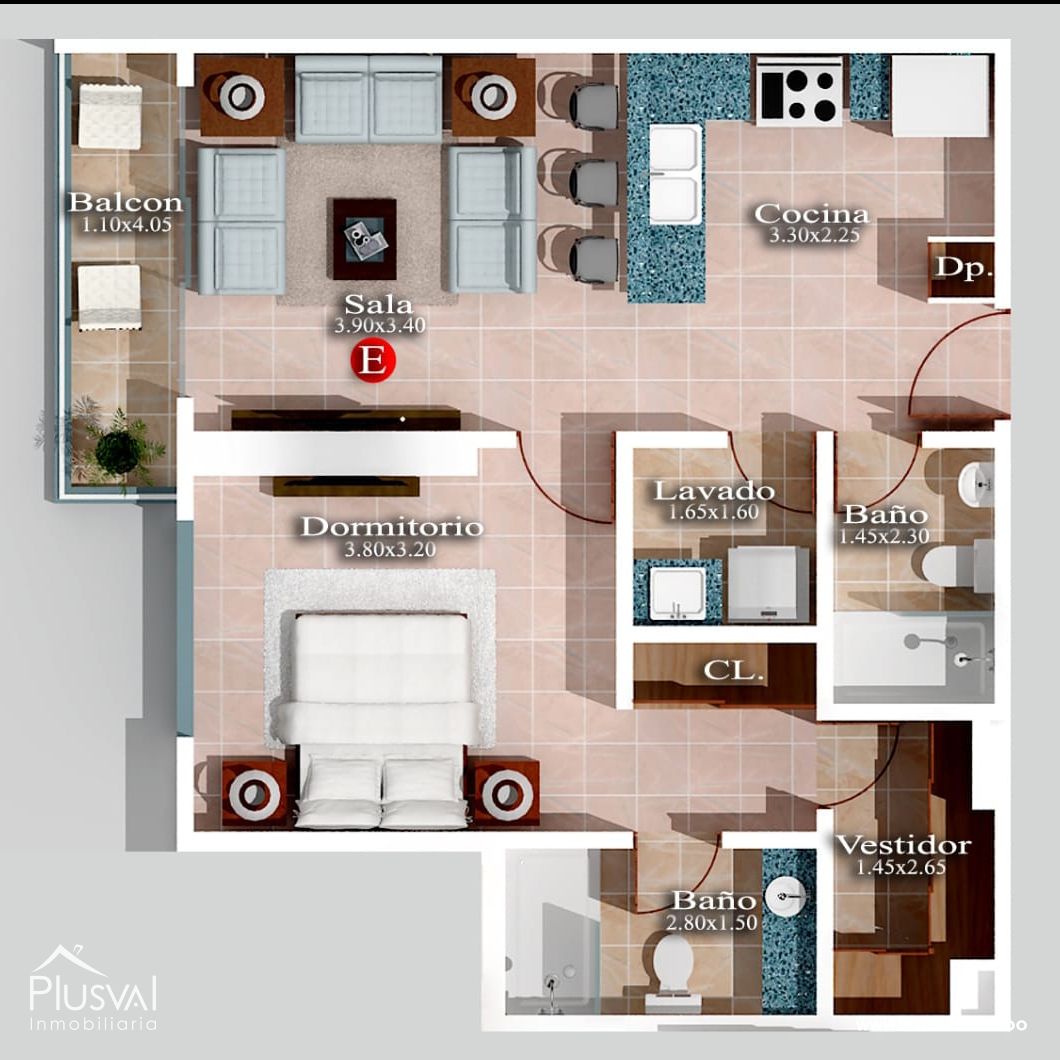 Apartamento en venta en Evaristo, una habitación y dos baños completos. 276587