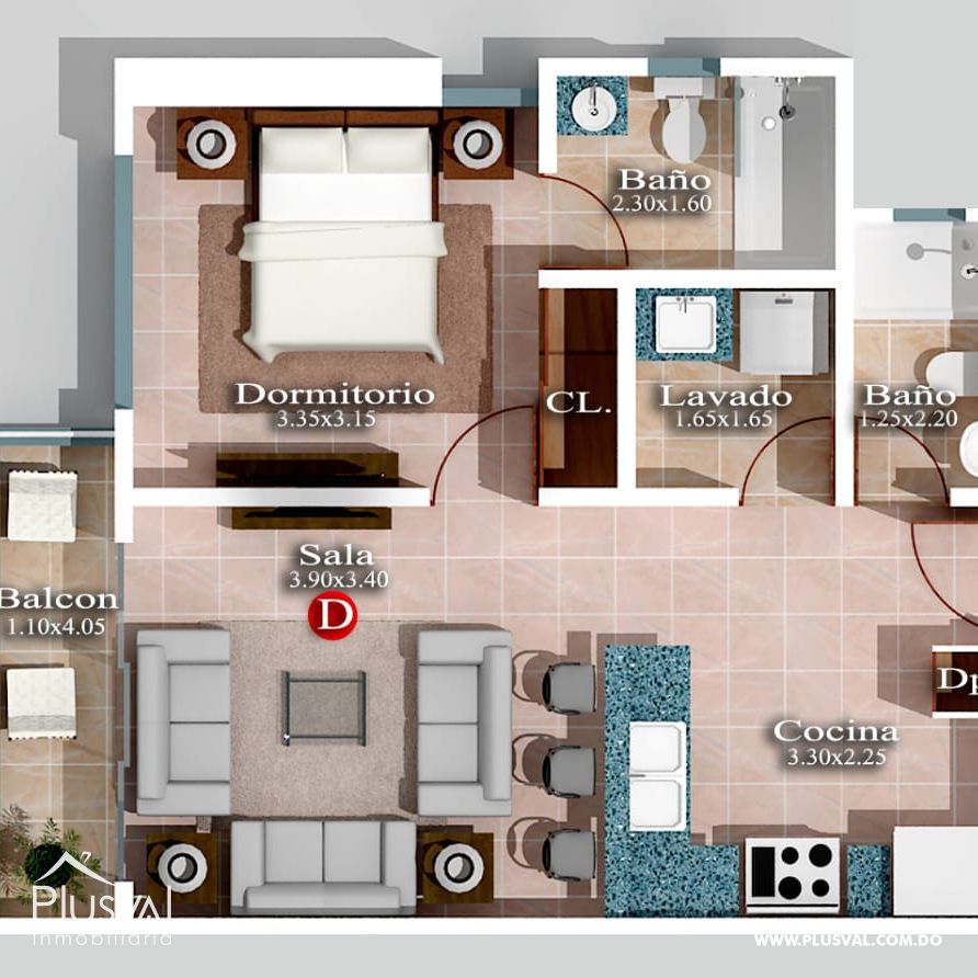 Apartamento en venta en Evaristo, una habitación y dos baños completos. 276584