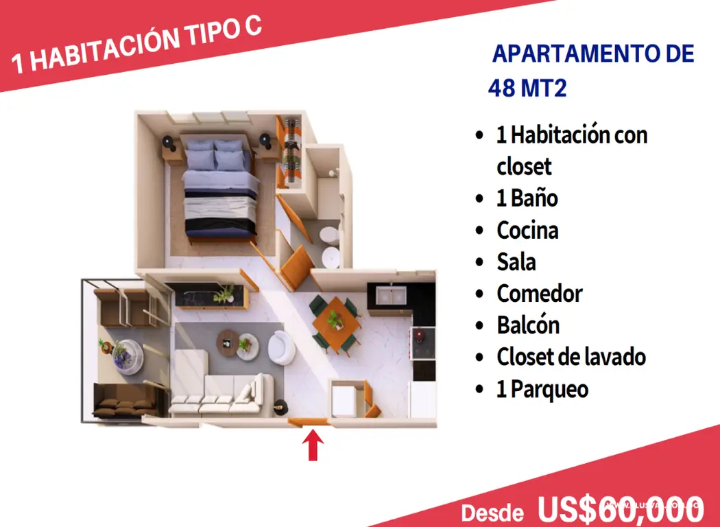Apartamento de 1 Habitacion en Bavaro con múltiples amenidades 524351