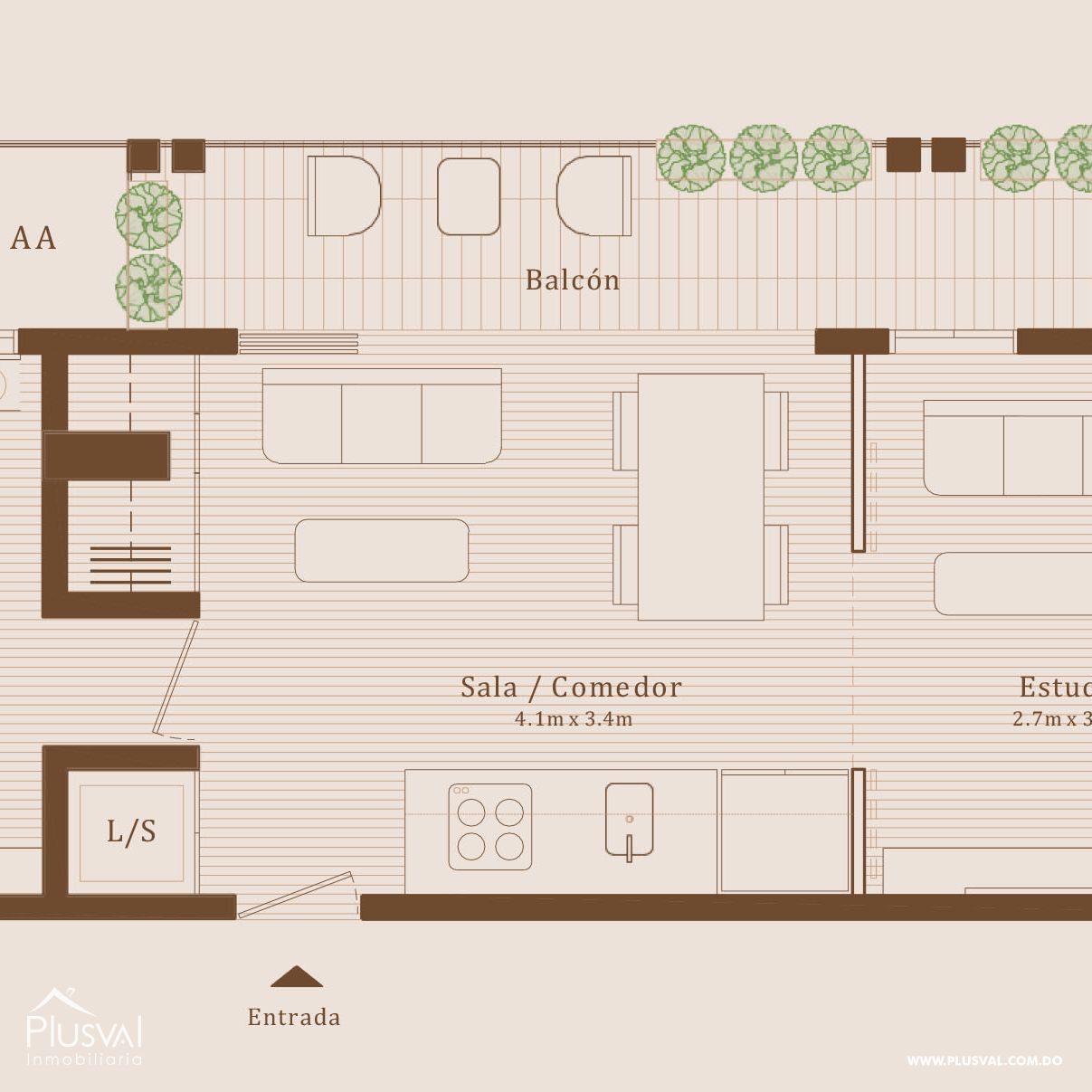Apartamento en venta en Piantini de 1 habitación + estudio 272323