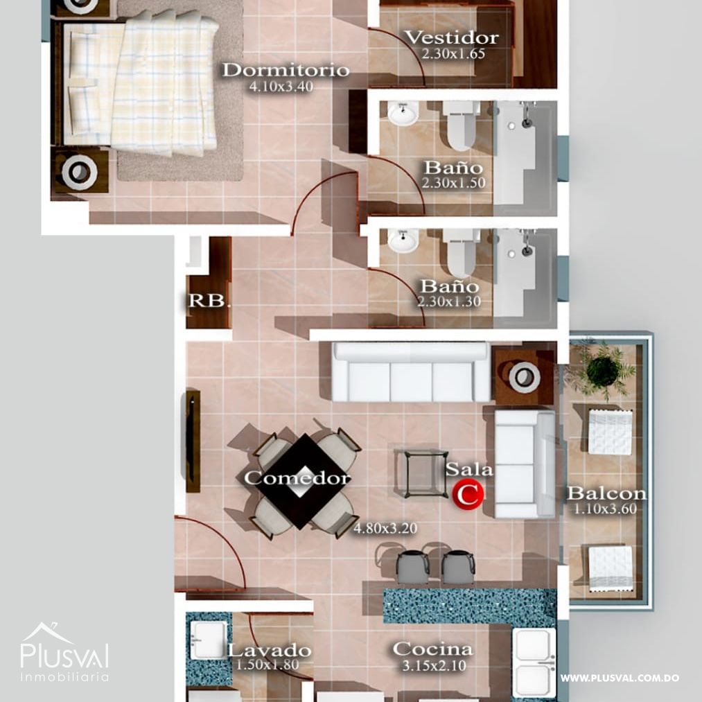 Apartamento en venta en Evaristo, una habitación y dos baños completos. 276585